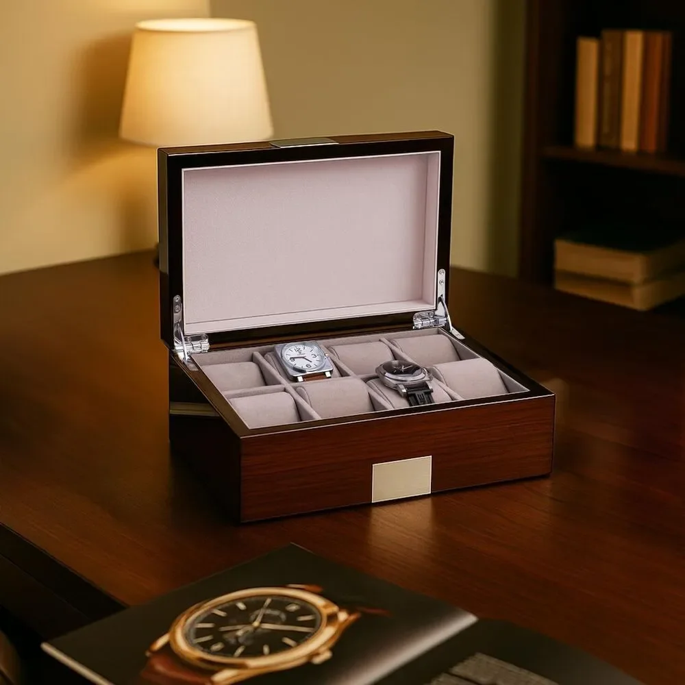 Bey-Berk Lacquered Walnut 8 Slot Watch Box Solid Wood Display Case